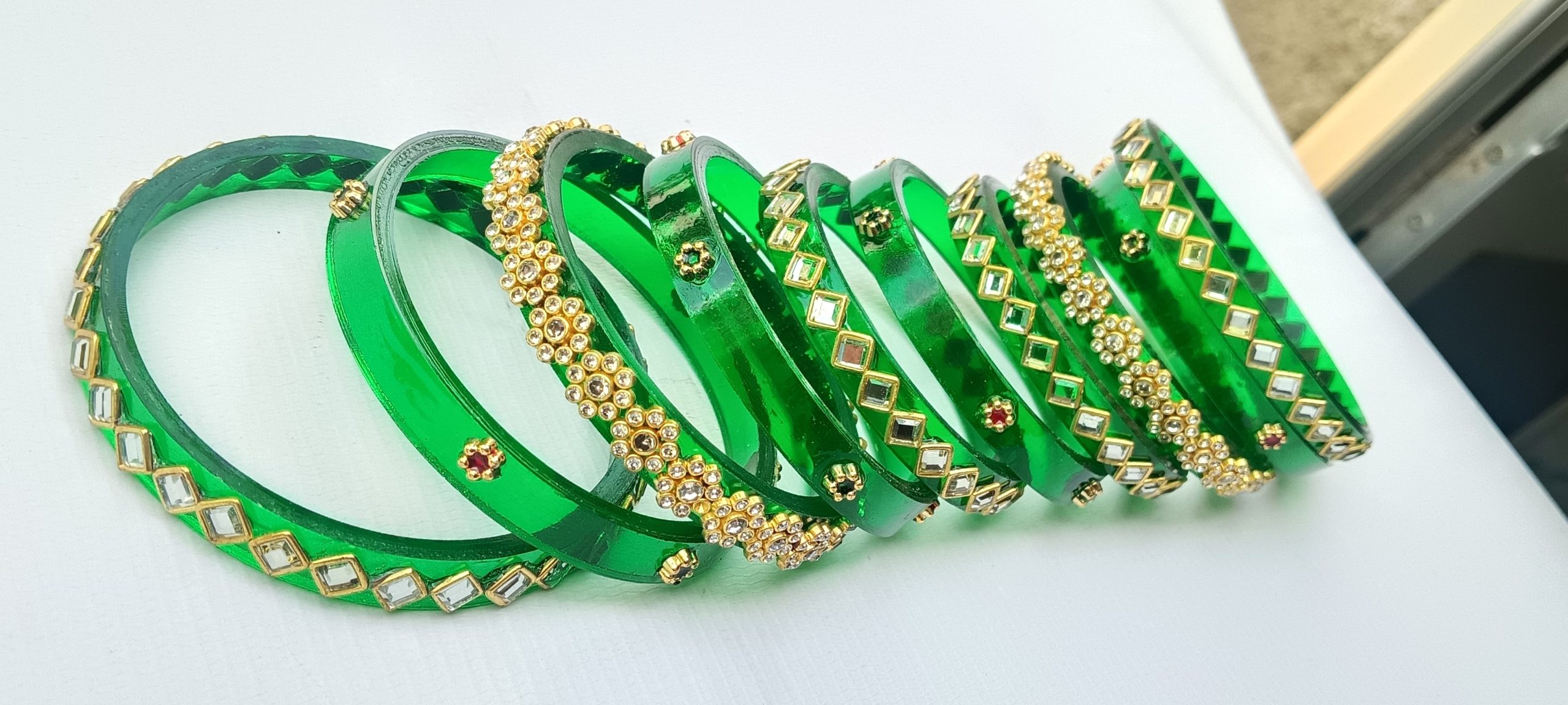 Green Bridal Bangles Rajputi Chuda Set with Kundan & Golden Stone Work , Traditional Wedding & Festive Wear. - Image 2