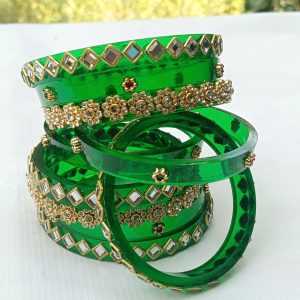 Green Bridal Bangles Rajputi Chuda Set with Kundan & Golden Stone Work , Traditional Wedding & Festive Wear.