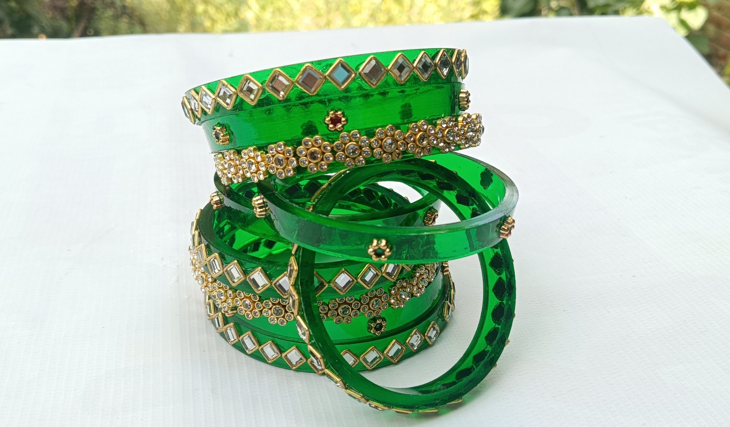 Green Bridal Bangles Rajputi Chuda Set with Kundan & Golden Stone Work , Traditional Wedding & Festive Wear.