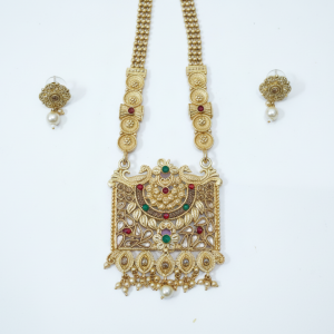 Gold Plated Necklace with Multicolor Stones & Antique Floral Pendant