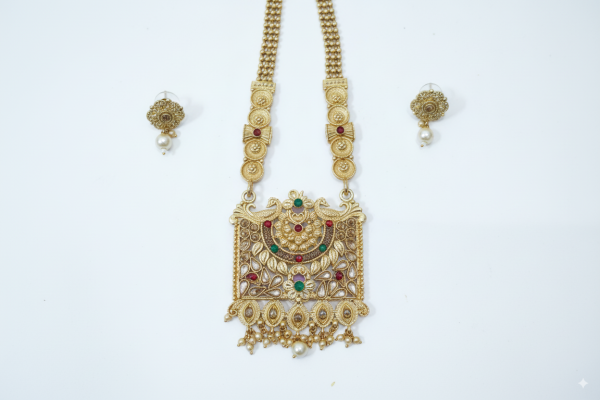 Gold Plated Necklace with Multicolor Stones & Antique Floral Pendant