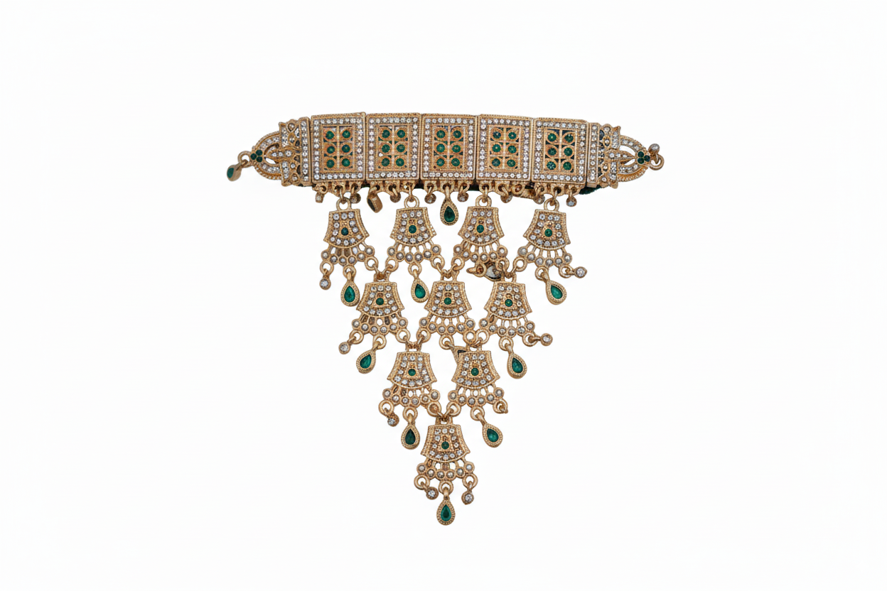 Gold Plated Necklace with Green Stones and Jhumar Style