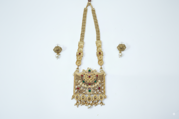 Gold Plated Necklace with Multicolor Stones & Antique Floral Pendant - Image 2