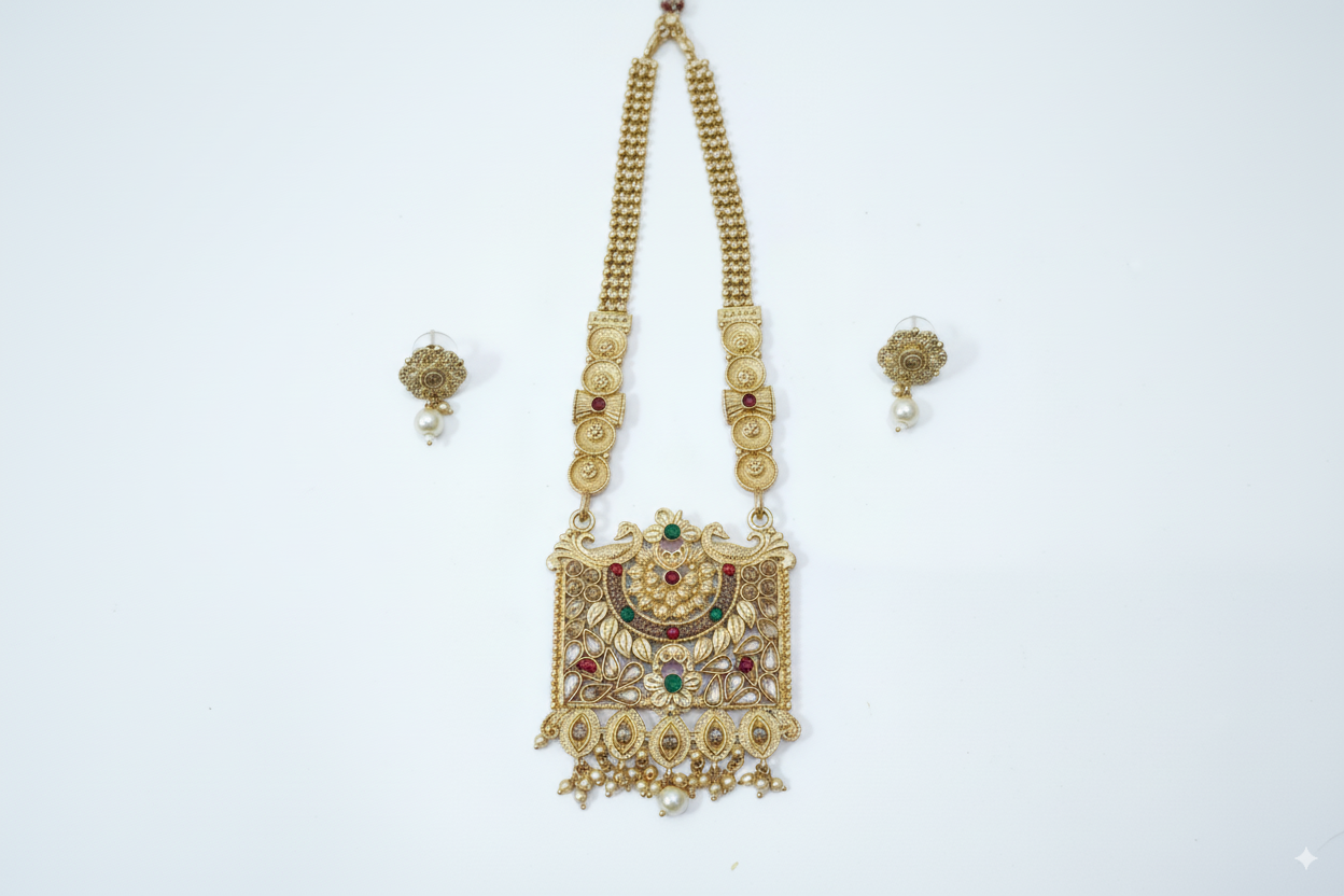 Gold Plated Necklace with Multicolor Stones & Antique Floral Pendant - Image 2