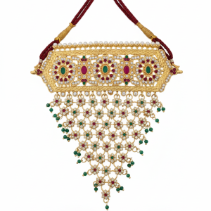 Gold Plated Temple Necklace with Red & Green Stones