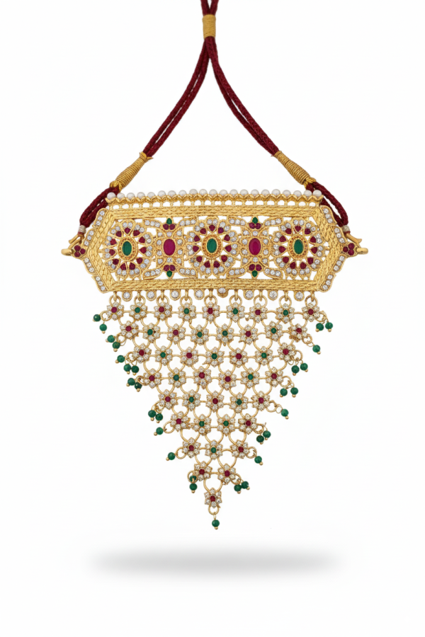 Gold Plated Temple Necklace with Red & Green Stones