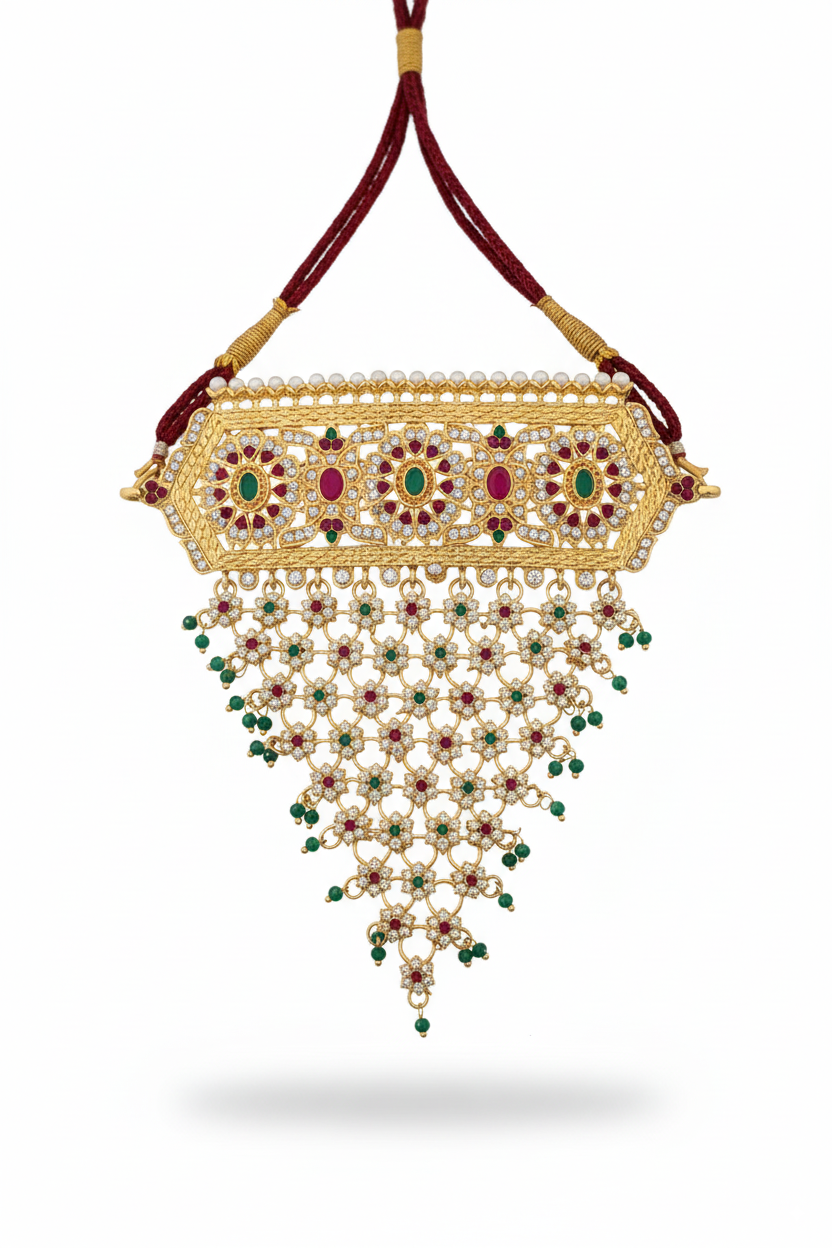Gold Plated Temple Necklace with Red & Green Stones
