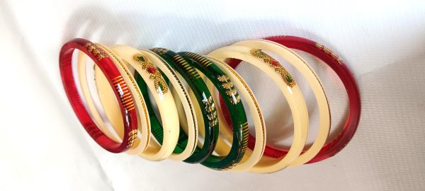 Tricolor Lehariya Bangles Set of 10 with Golden Work - Image 3