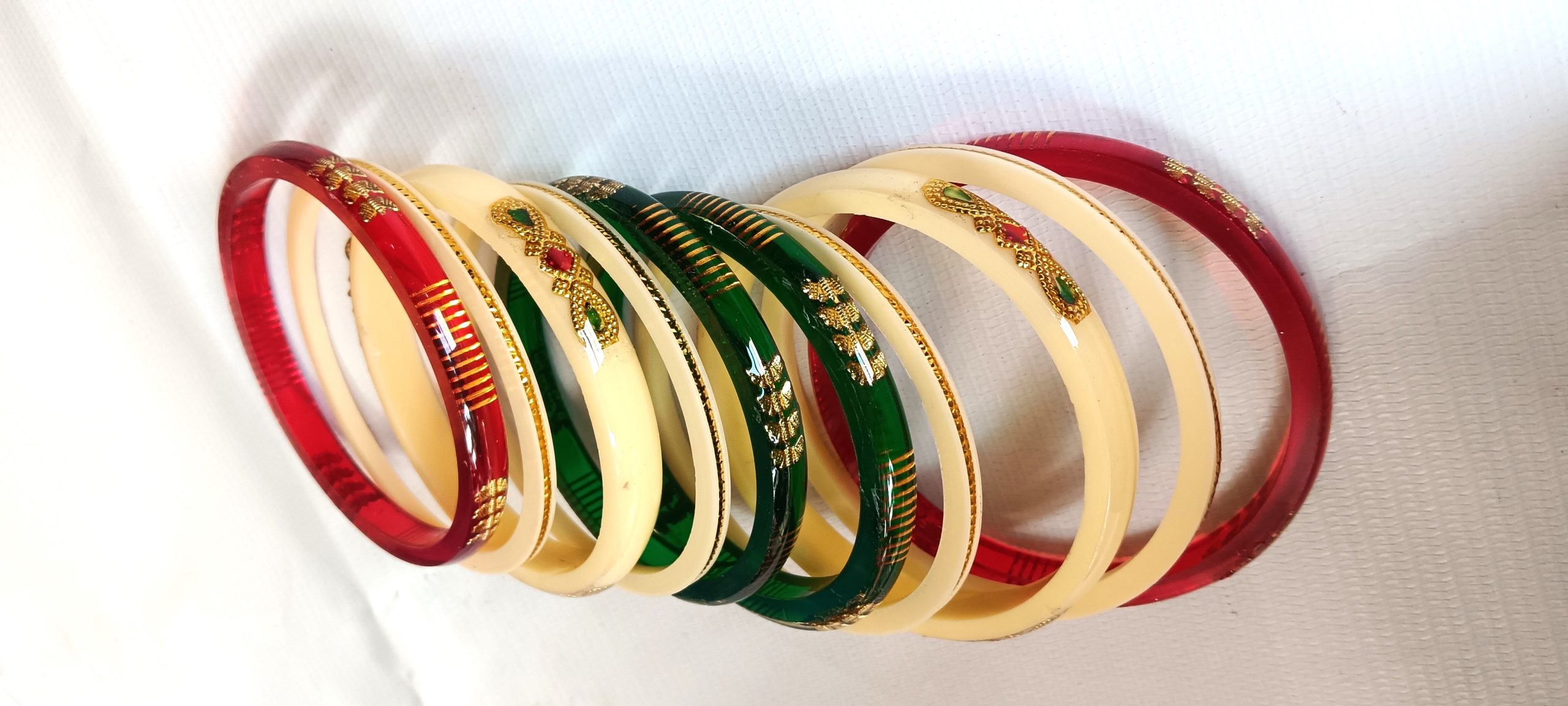 Tricolor Lehariya Bangles Set of 10 with Golden Work - Image 3