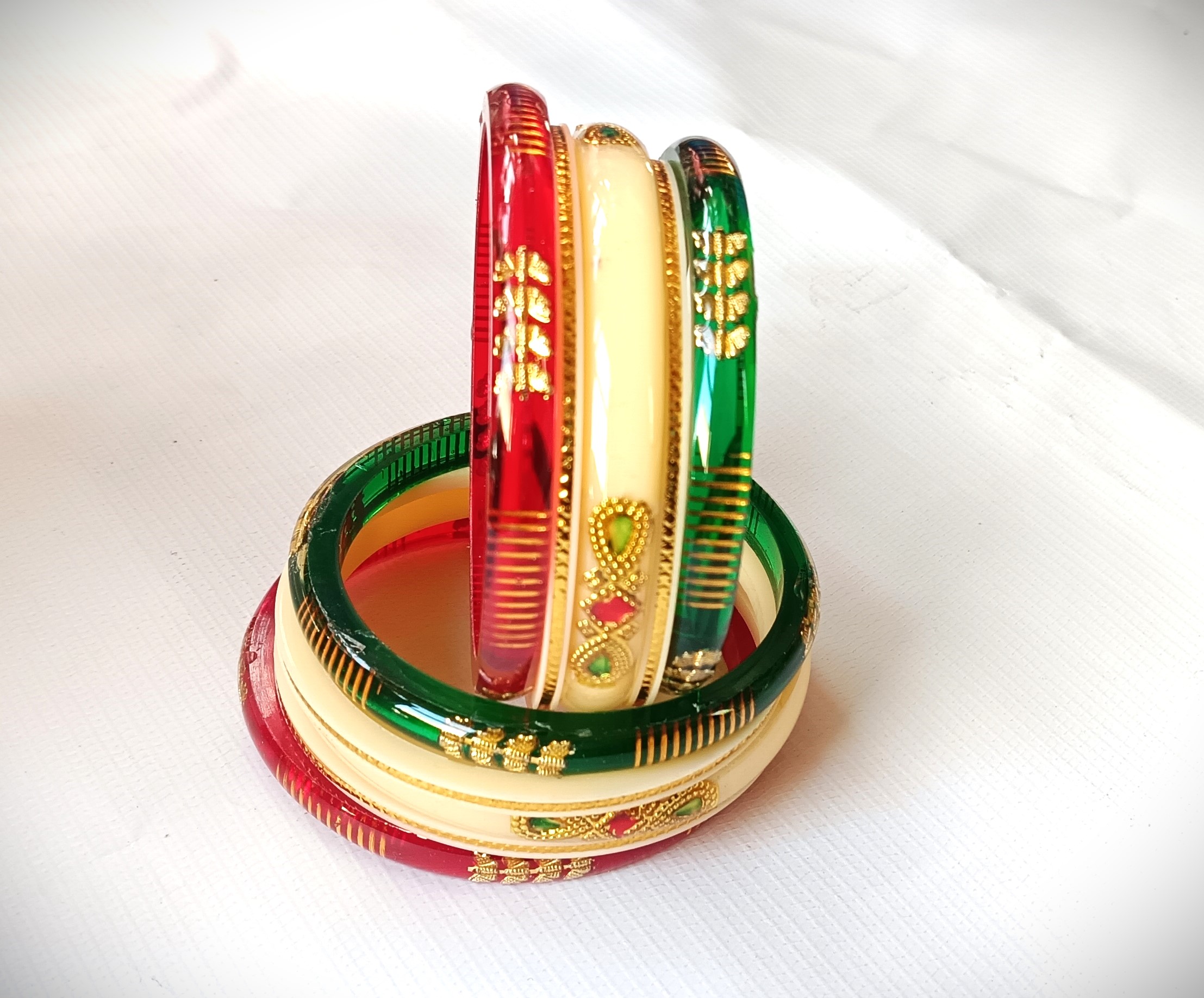Tricolor Lehariya Bangles Set of 10 with Golden Work