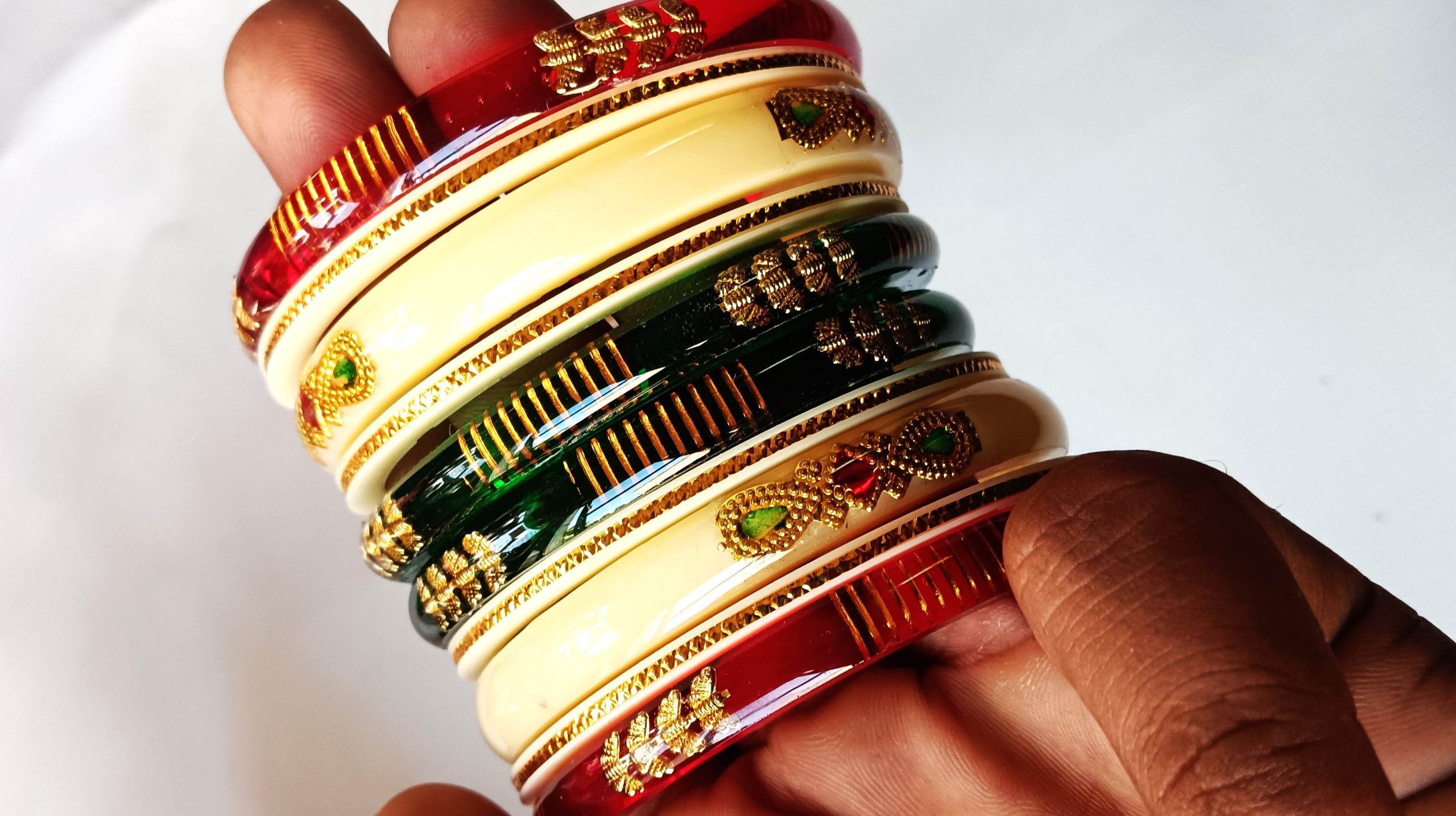 Tricolor Lehariya Bangles Set of 10 with Golden Work - Image 2