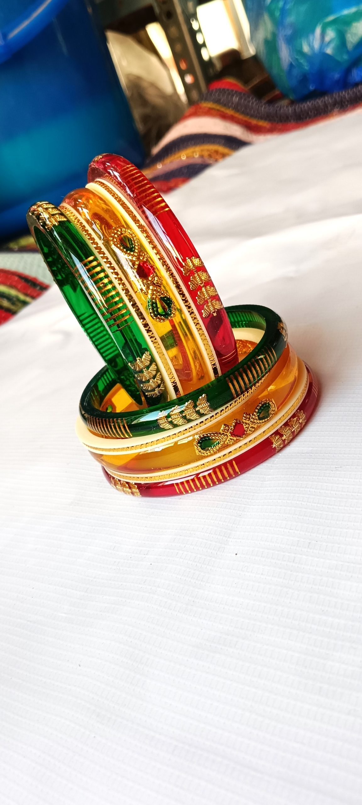 Tricolor rajputi Bangles Set of 10 – Red, Green & Cream with Golden Work. - Image 2