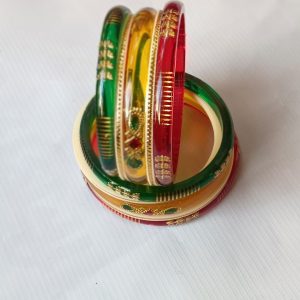 Tricolor rajputi Bangles Set of 10 – Red, Green & Cream with Golden Work.