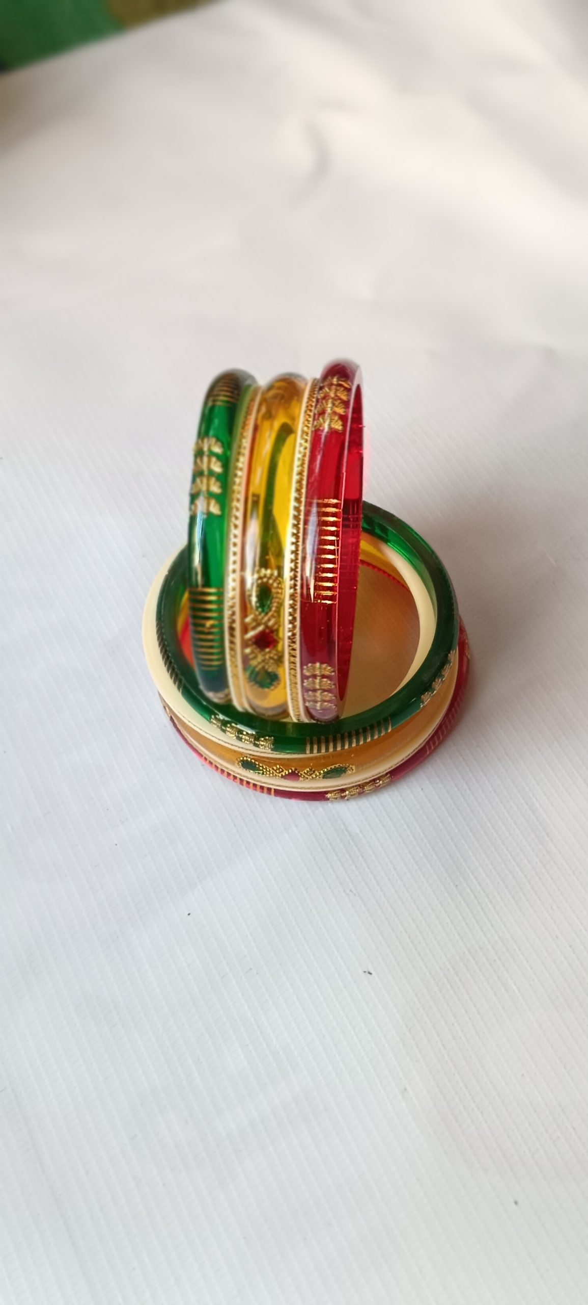 Tricolor rajputi Bangles Set of 10 – Red, Green & Cream with Golden Work.