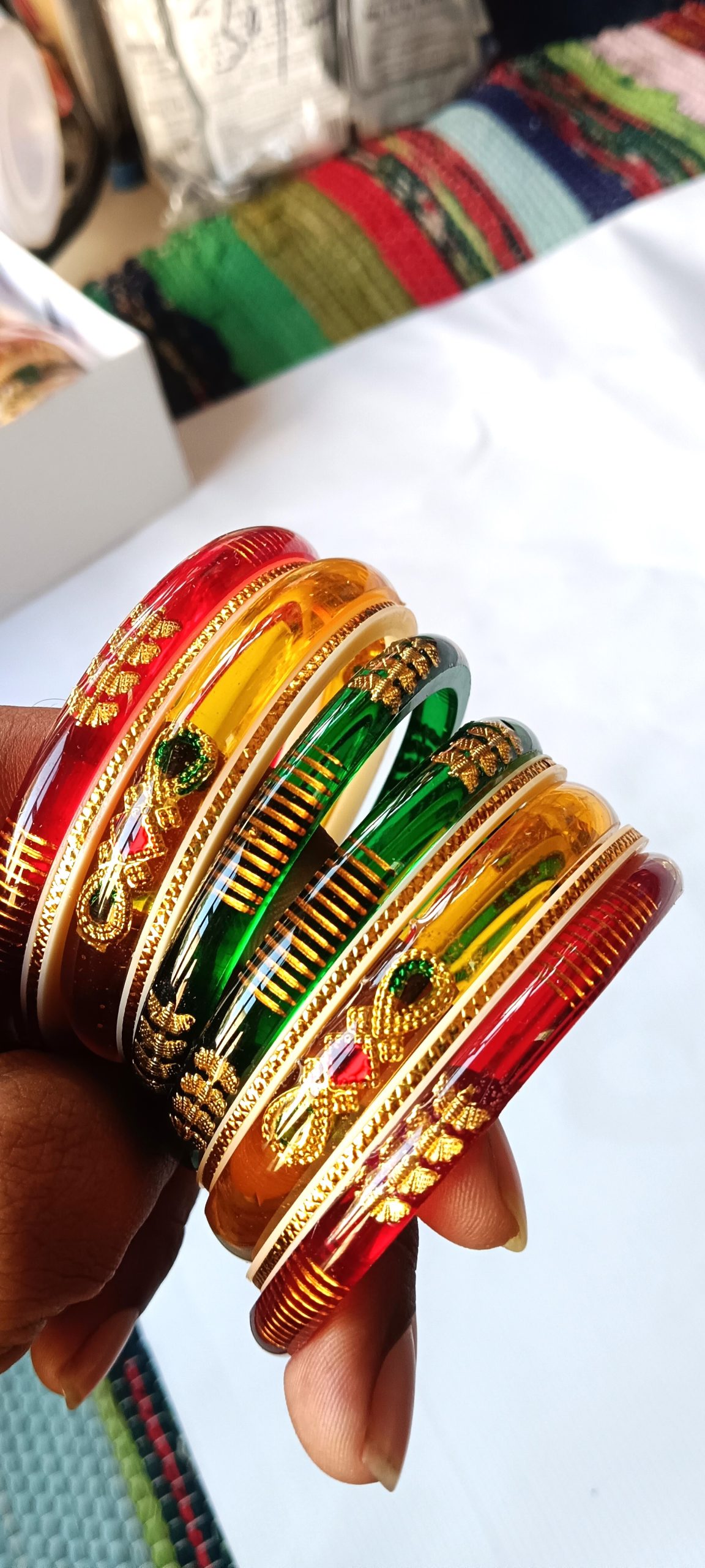 Tricolor rajputi Bangles Set of 10 – Red, Green & Cream with Golden Work. - Image 3