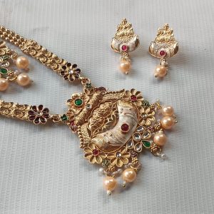 Rajasthani Gold Plated imitation Necklace Set with Pearl Drops & Earrings.