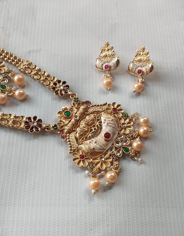 Rajasthani Gold Plated imitation Necklace Set with Pearl Drops & Earrings.