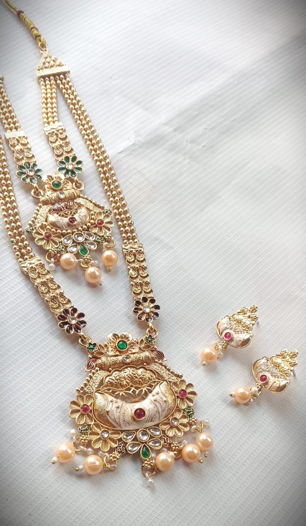 Rajasthani Gold Plated imitation Necklace Set with Pearl Drops & Earrings. - Image 3