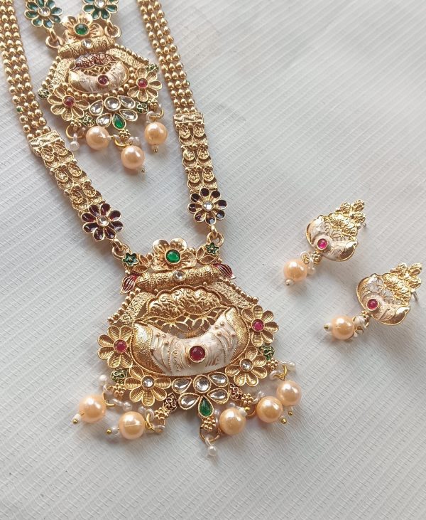 Rajasthani Gold Plated imitation Necklace Set with Pearl Drops & Earrings. - Image 2