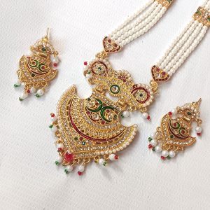 Rajasthani pearl beaded bridal imitation necklace set with heavy pendant and matching earrings,