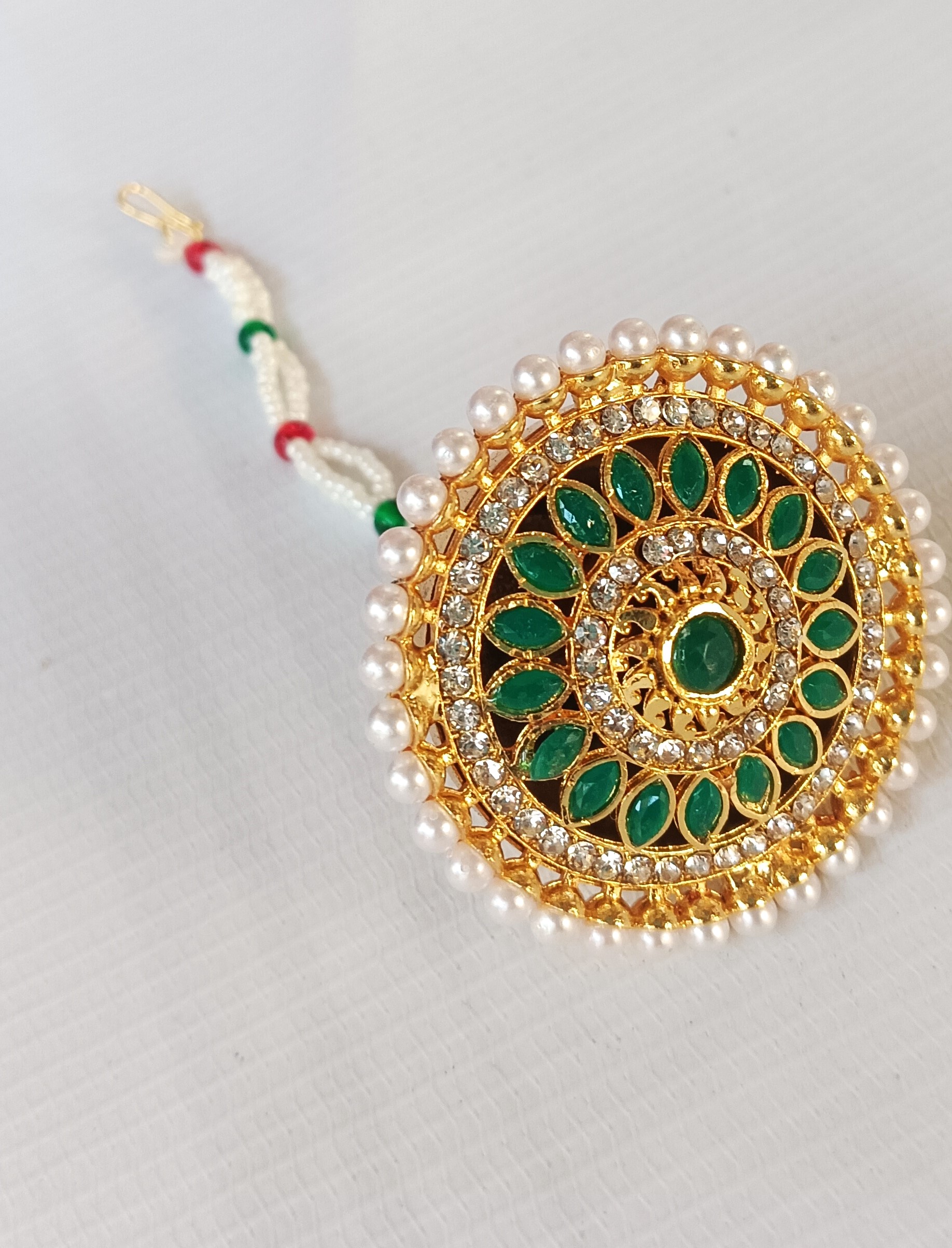 Rajasthani Gold-Plated imitation Maang Tikka with Green & White Stones. - Image 2