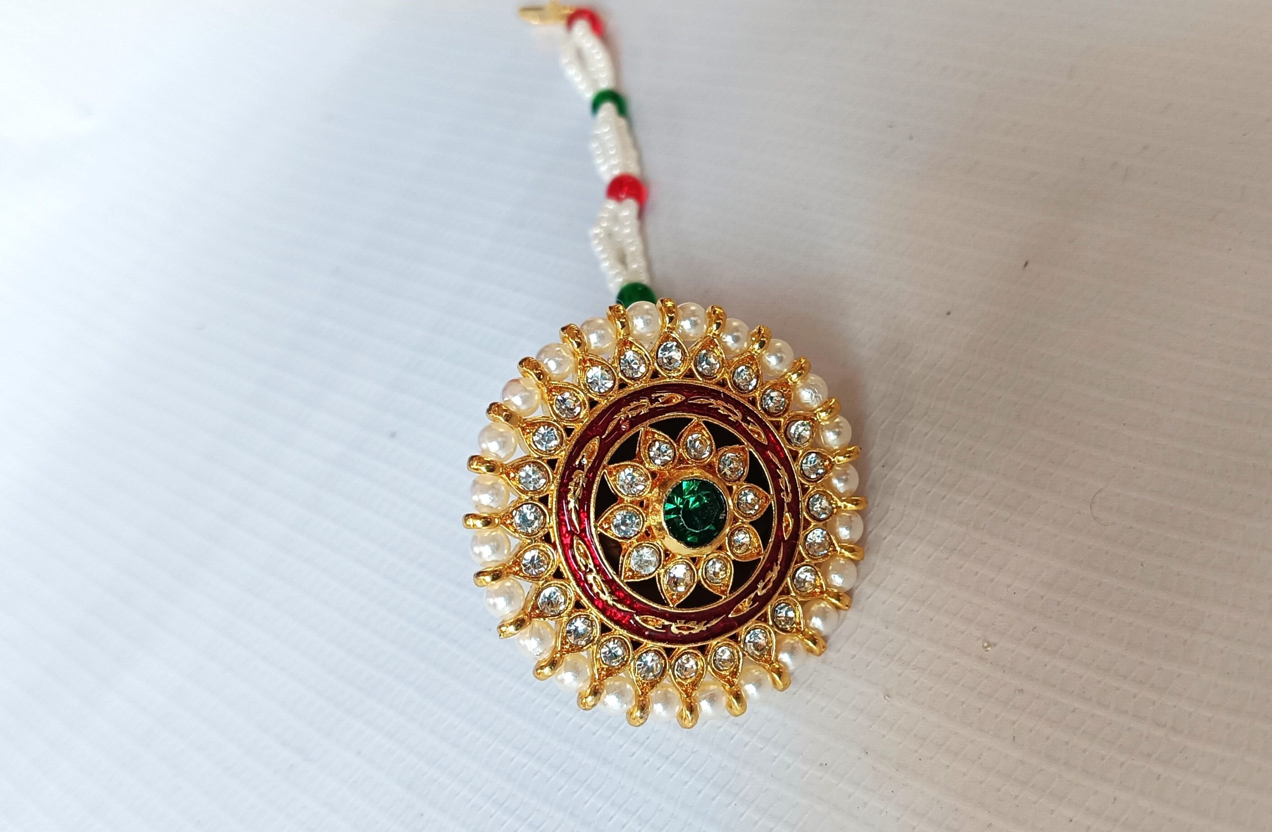 Rajasthani imitation Borla Maang Tikka – Gold Plated Bridal Headpiece with Red & Green Stone and Pearls - Image 2