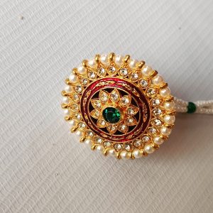 Rajasthani imitation Borla Maang Tikka – Gold Plated Bridal Headpiece with Red & Green Stone and Pearls