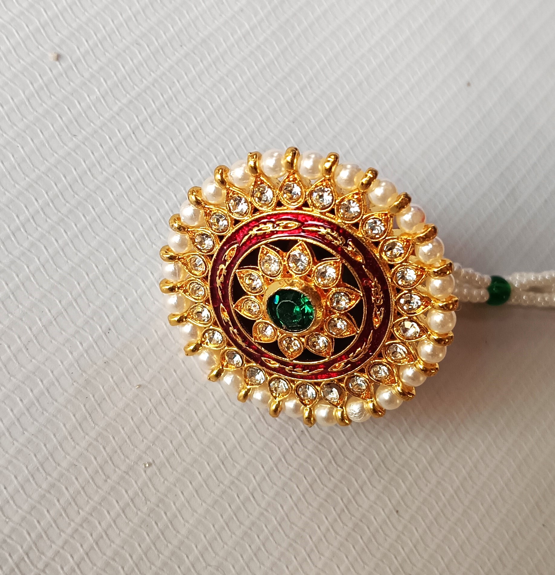 Rajasthani imitation Borla Maang Tikka – Gold Plated Bridal Headpiece with Red & Green Stone and Pearls