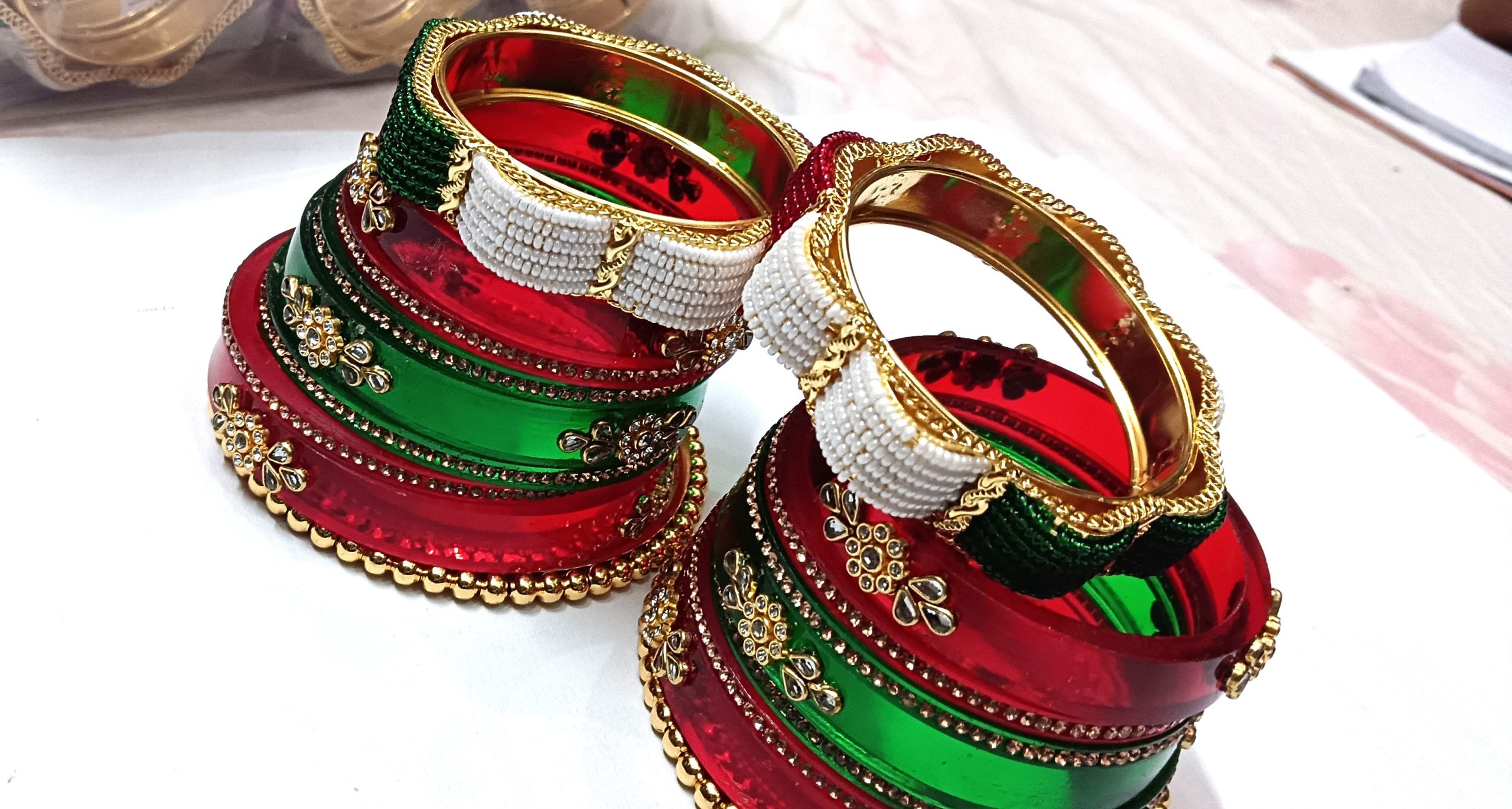Red Green Rajputi Bangles with Heavy Bangadi. - Image 4