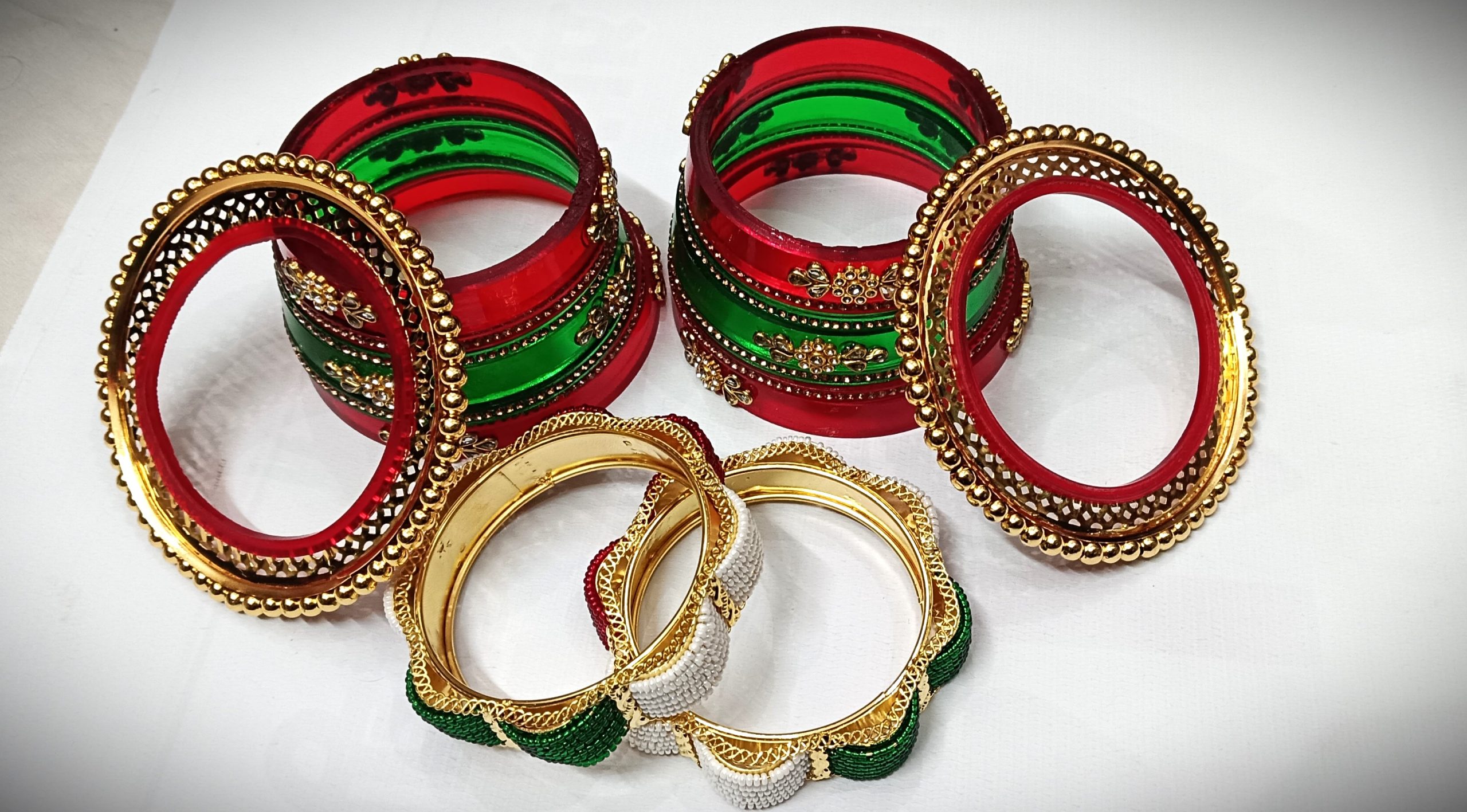 Red Green Rajputi Bangles with Heavy Bangadi. - Image 3