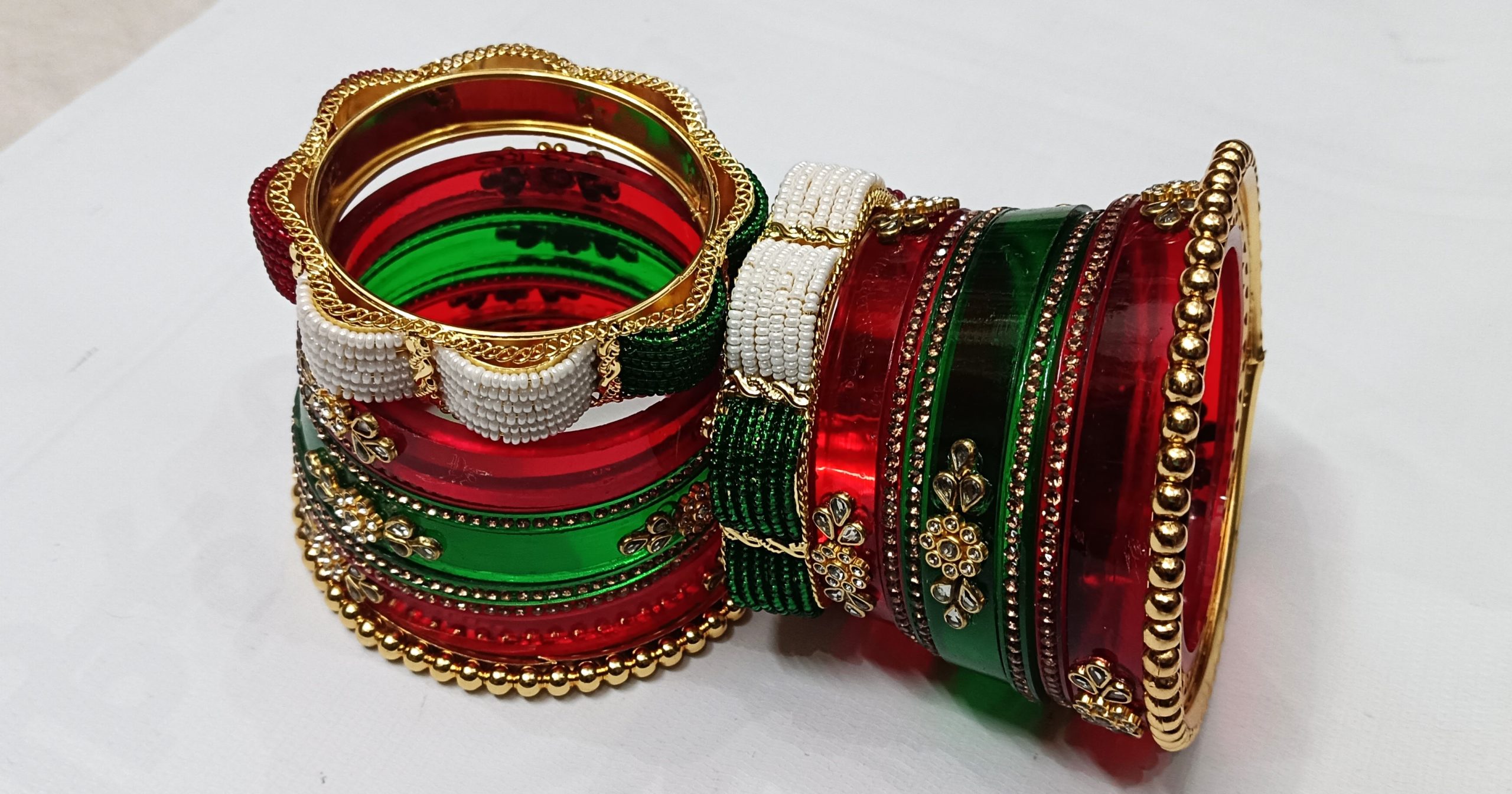 Red Green Rajputi Bangles with Heavy Bangadi. - Image 2