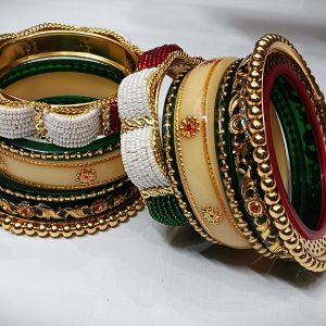 Green & Cream Rajputi Bangles Set with Heavy Golden Bangadi with Pearl Work.