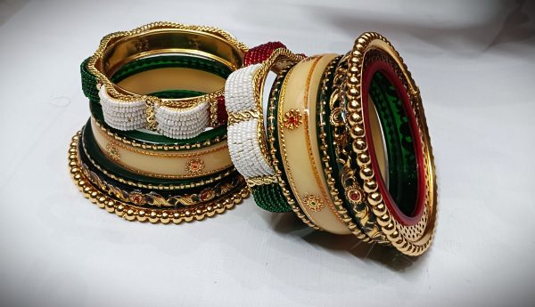 Green & Cream Rajputi Bangles Set with Heavy Golden Bangadi with Pearl Work.