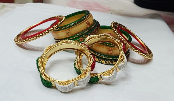 Green & Cream Rajputi Bangles Set with Heavy Golden Bangadi with Pearl Work. - Image 3