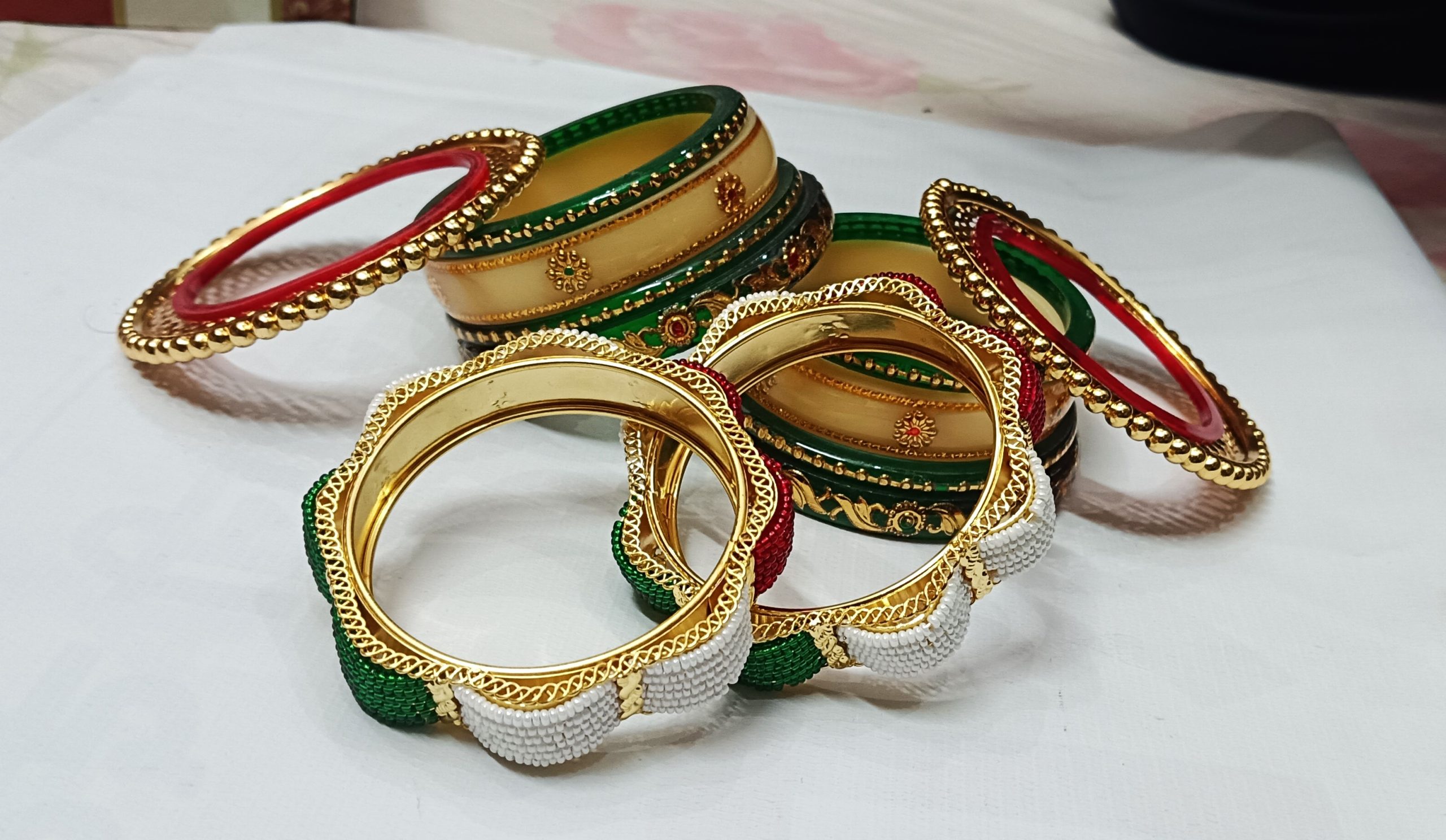 Green & Cream Rajputi Bangles Set with Heavy Golden Bangadi with Pearl Work. - Image 3