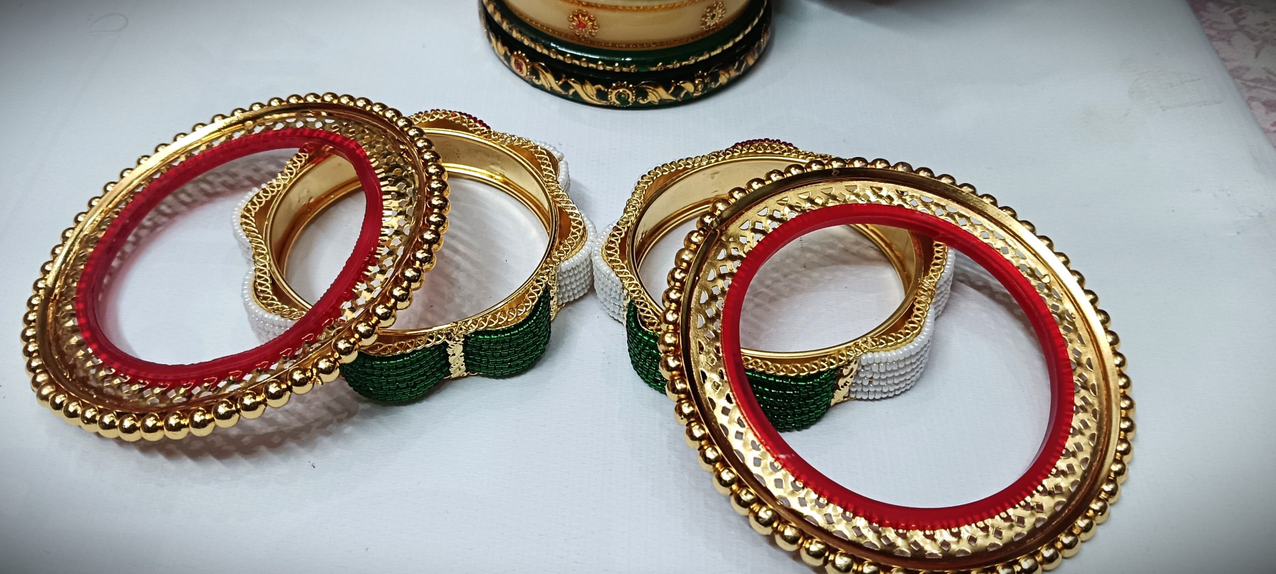 Green & Cream Rajputi Bangles Set with Heavy Golden Bangadi with Pearl Work. - Image 4