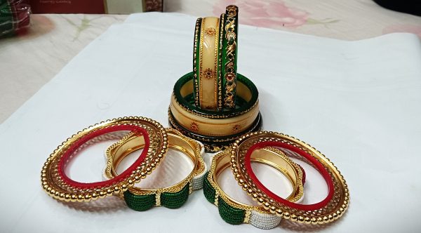 Green & Cream Rajputi Bangles Set with Heavy Golden Bangadi with Pearl Work. - Image 2