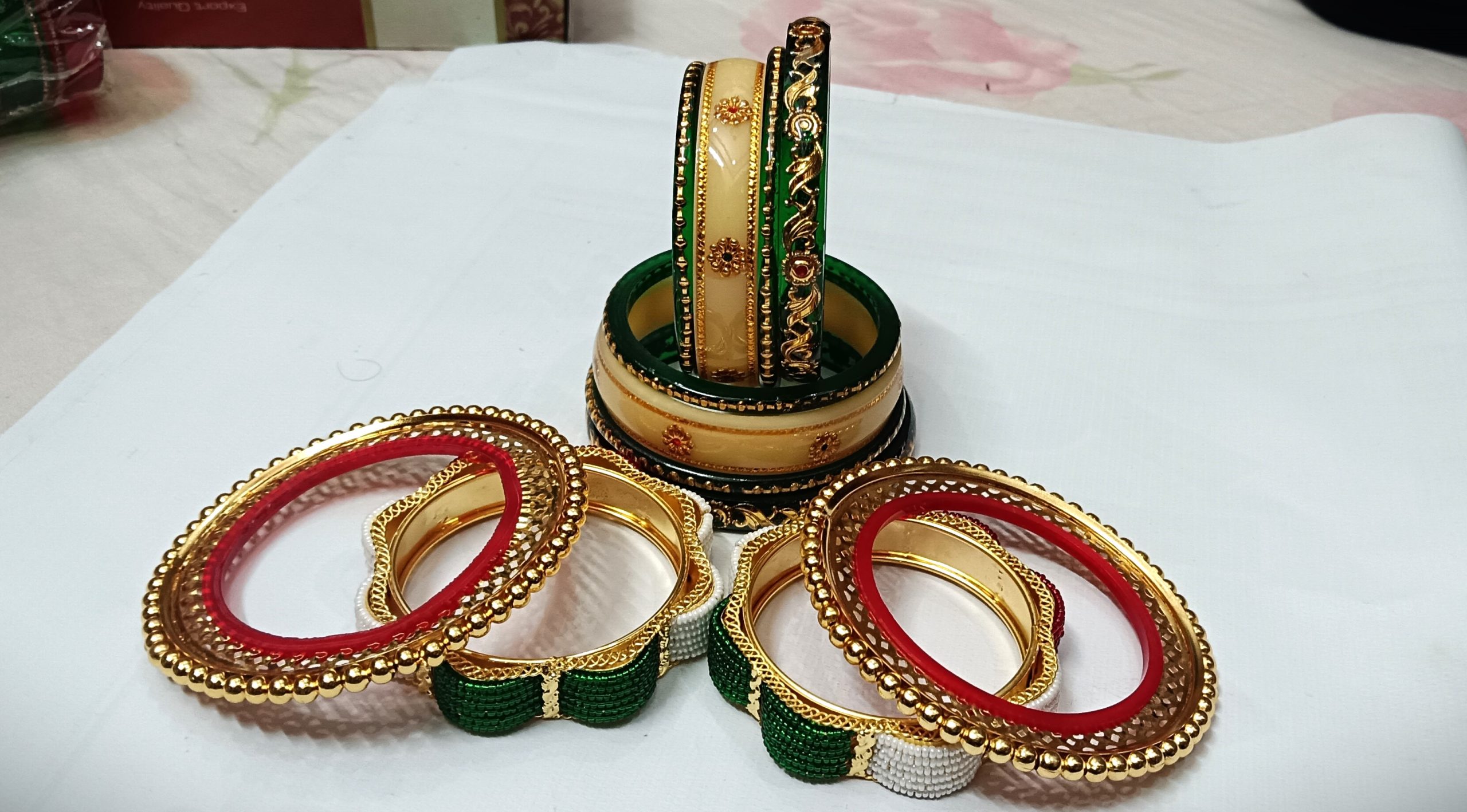Green & Cream Rajputi Bangles Set with Heavy Golden Bangadi with Pearl Work. - Image 2