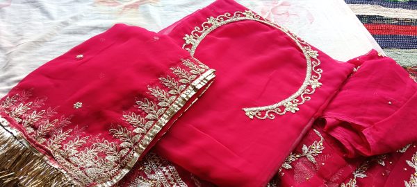 Hot Pink poshak with Odhna Zari Work (Chapat) - Image 3
