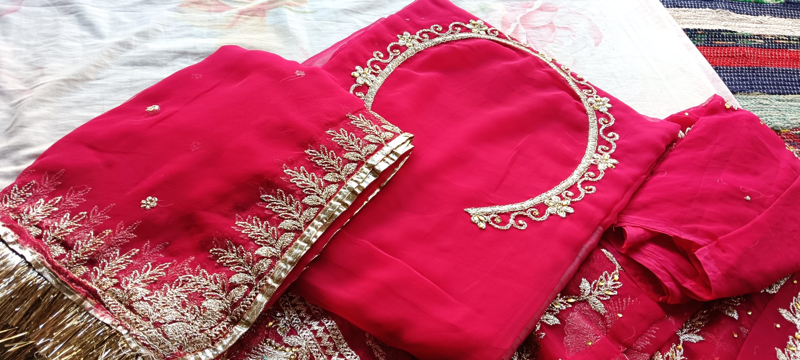 Hot Pink poshak with Odhna Zari Work (Chapat) - Image 3