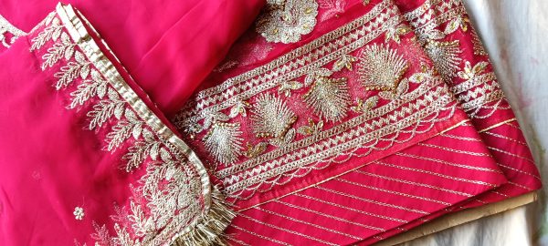 Hot Pink poshak with Odhna Zari Work (Chapat) - Image 5