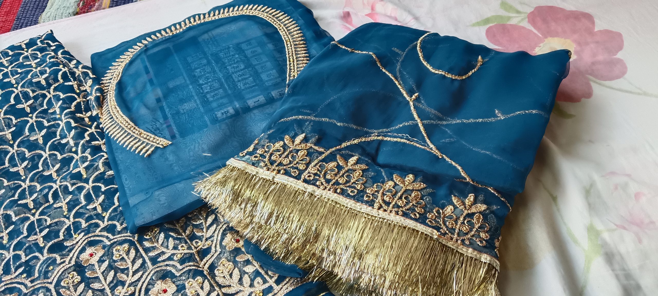 Peacock Blue Bember Satan poshak with 24 Kali Gher (Ankita)