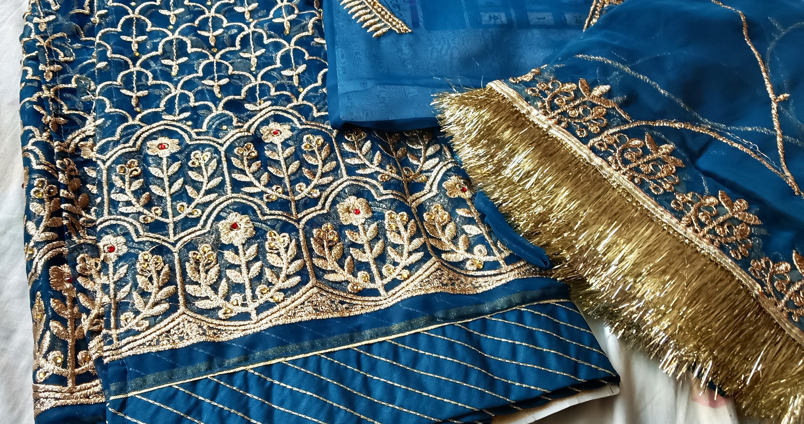Peacock Blue Bember Satan poshak with 24 Kali Gher (Ankita) - Image 3