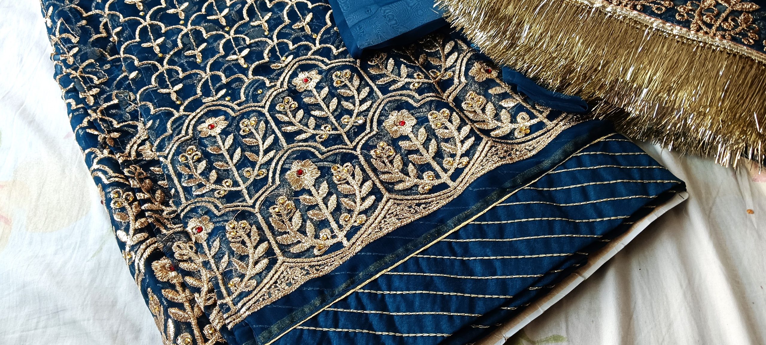 Peacock Blue Bember Satan poshak with 24 Kali Gher (Ankita) - Image 5