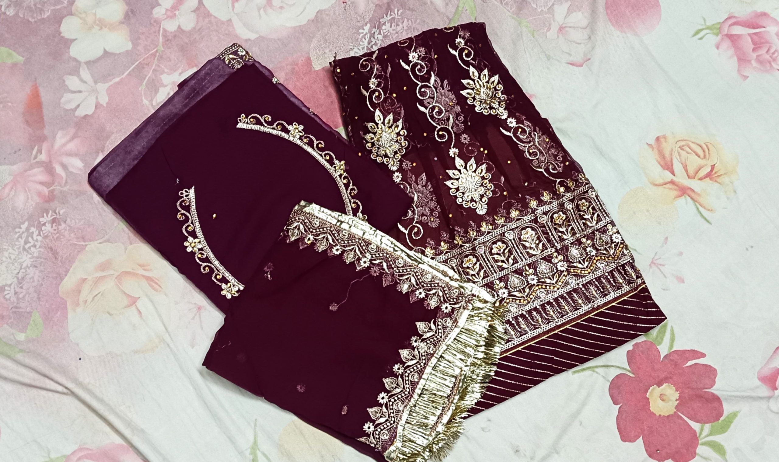 Wine Colour Poshak with Odhna – Gota Patti & Zari Work (32 Kali)