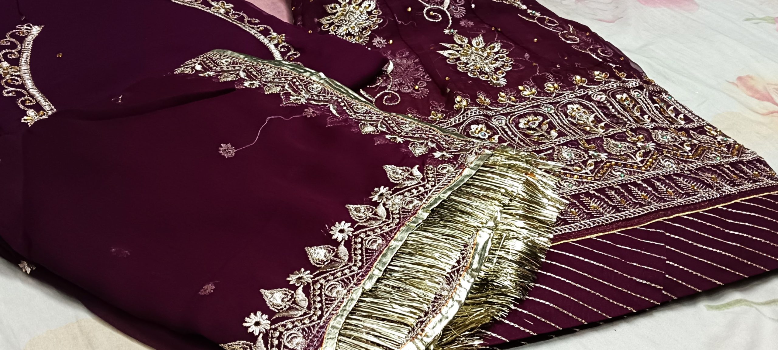 Wine Colour Poshak with Odhna – Gota Patti & Zari Work (32 Kali) - Image 2