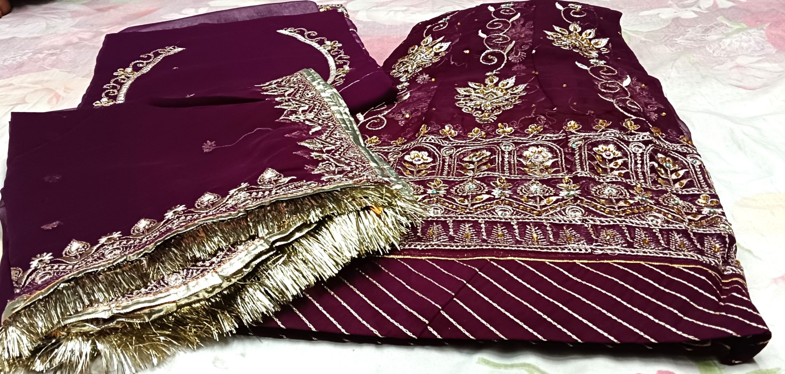 Wine Colour Poshak with Odhna – Gota Patti & Zari Work (32 Kali) - Image 4