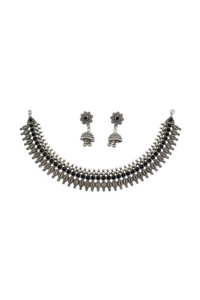 Oxidized Silver Choker Necklace Set