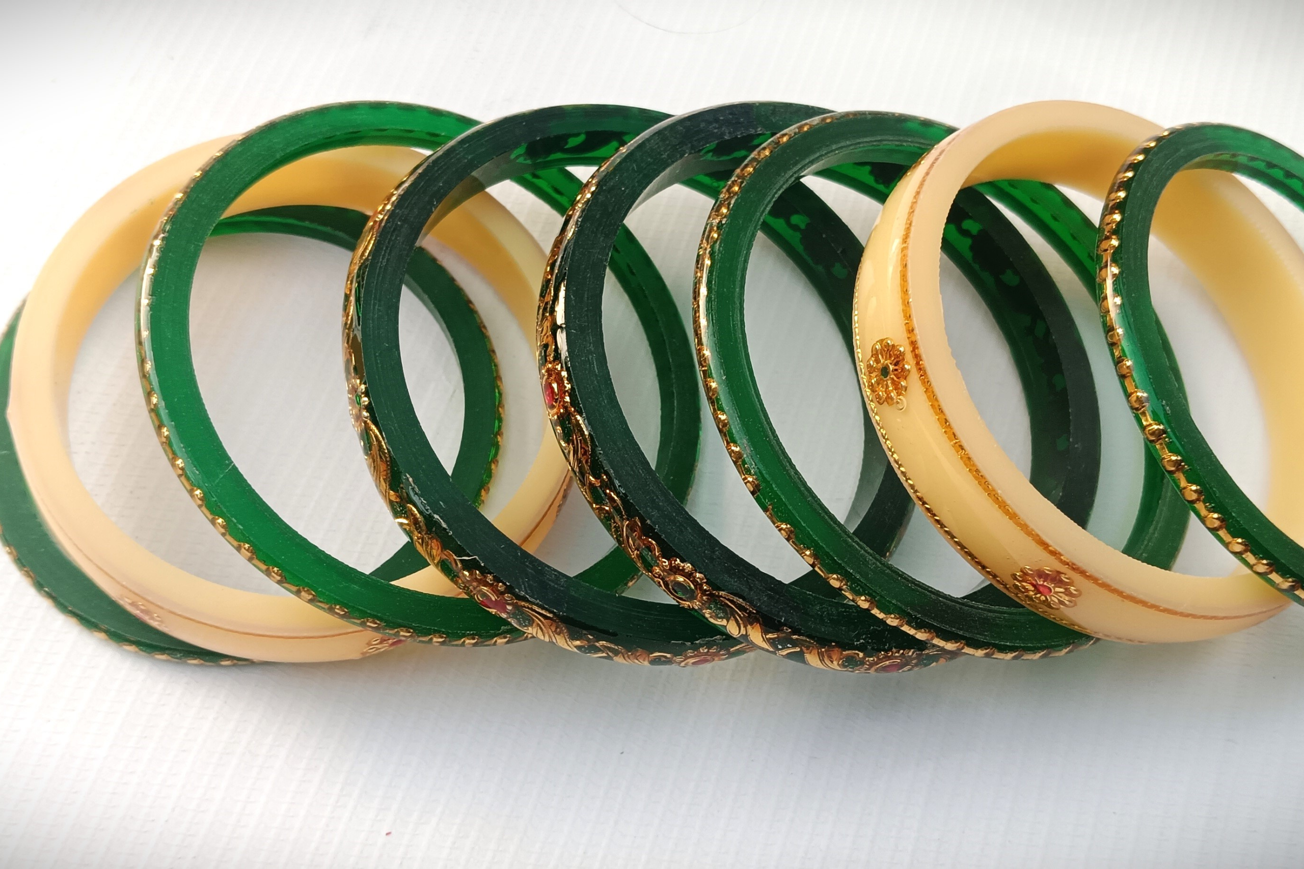Green & Cream Acrylic Bangles Set with Golden Floral Design - Image 2