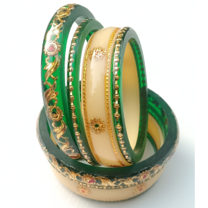 Green & Cream Acrylic Bangles Set with Golden Floral Design